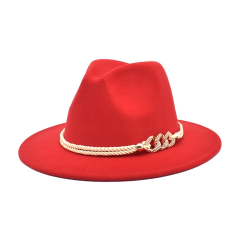 Vintage Fedora Hat Wool Felt Wide Brim Golden Chain Decoration Braided Rope Jazz Cap For Women Men Travel Warmth