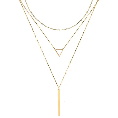 Triple Layered Stainless Steel Necklace Geometric Hollow Triangle And Vertical Bar Pendant Minimalist Jewelry For Women