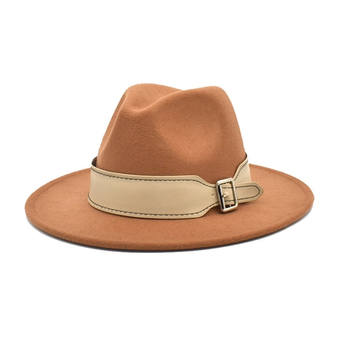 Wide Brim Fedora Hat Wool Felt British Jazz Hat For Women With Faux Leather Belt Metal Buckle Retro Solid Color