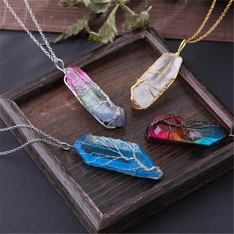 Lebensbaum Kristall Säule Anhänger Halskette Handgewickelt Draht Naturstein Sechseckig Heilung Reiki Boho Schmuck Damen