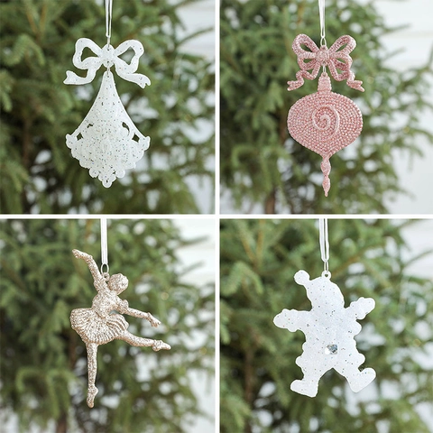 Christmas Hanging Ornaments Glitter Plastic Reindeer Santa Snowflake Shapes Festive Tree Decor Party Holiday Supplies