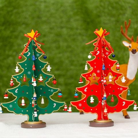 Wooden Christmas Tree DIY Desktop Ornament With Mini Pendants Holiday Home Office Decor Festive Tabletop Display
