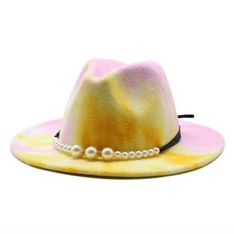Tie Dye Fedora Hat Wool Felt Wide Brim Colorful Jazz Cap With Artificial Pearl Band Vintage Style For Women And Men