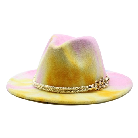 Cappello Fedora In Feltro Di Lana Tie Dye Cappello Jazz A Tesa Piatta Con Corda Intrecciata Dorata E Catena In Metallo Per Uomini Donne