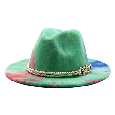 Cappello Fedora In Feltro Di Lana Tie Dye Cappello Jazz A Tesa Piatta Con Corda Intrecciata Dorata E Catena In Metallo Per Uomini Donne