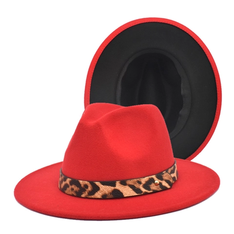 Cappello Fedora Feltro Di Lana Blocchi Di Colore Cintura Leopardata Rivetto Dorato Tesa Larga Jazz Vintage Per Donne Uomini