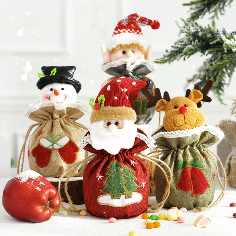Weihnachten Kordelzug Geschenktüten Weihnachtsmann Schneemann Rentier Elf Bestickt Leinen Süßigkeiten Taschen Für Feiertag Party Deko
