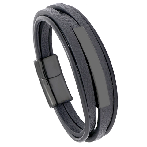 Pulsera De Cuero Multicapa Para Hombre Con Cierre Magnético De Acero Inoxidable Joyería Punk De Moda