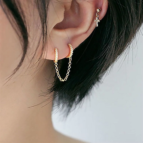 Orecchini Per Doppio Buco Con Catena Rame Con Zirconi Gioielli Di Moda Delicati Accessorio Per Donne