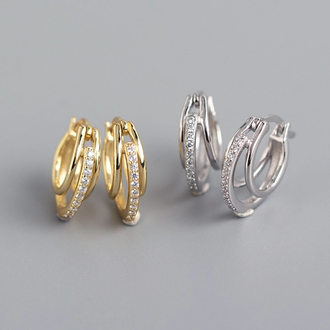 925 Sterling Silver Triple Hoop Earrings With Inlaid Zircon Fashion Geometric Ear Buckles For Women