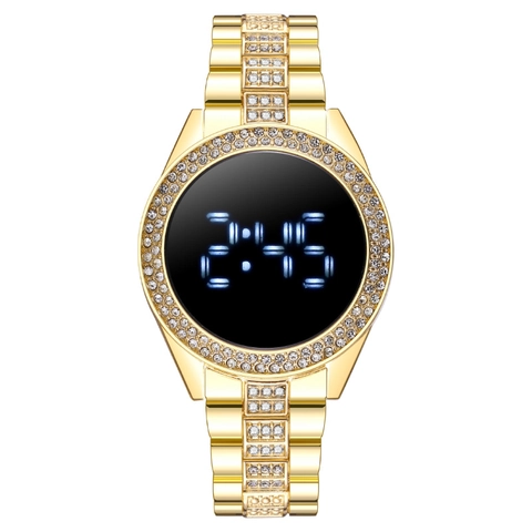 Reloj Digital LED Para Mujer De Moda Lujo Con Incrustaciones De Pedrería Correa De Metal Pantalla Táctil