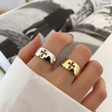 925 Sterling Silber Hohlkreuz Ring Offen Verstellbar Breites Band Minimalistischer Ins Stil Schmuck Für Damen