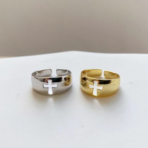 925 Sterling Silber Hohlkreuz Ring Offen Verstellbar Breites Band Minimalistischer Ins Stil Schmuck Für Damen