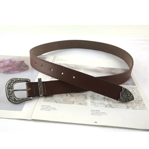Cintura Western Vintage Donna Pelle PU Fibbia Floreale Intagliata Lega Casuale Moda Accessorio Decorativo
