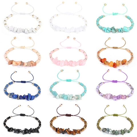 Handmade Braided Bracelet With Irregular Natural Stone Chips And Metal Beads Adjustable Rope Jewelry Bohemian For Women Men