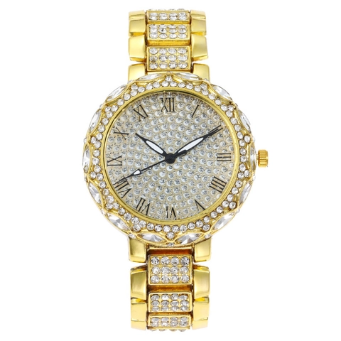 Women Quartz Watch Full Rhinestone Luxury Fashion Starry Sky Dial Roman Numerals Alloy Metal Strap Elegant Dress Wristwatch