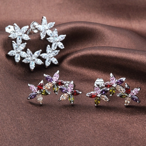 Luxe Drie Bloem Oorknopjes Marquise Geslepen Zirconia Koperen Oorbellen Roségoud Zilver Verguld Elegante Mode Sieraden Vrouwen