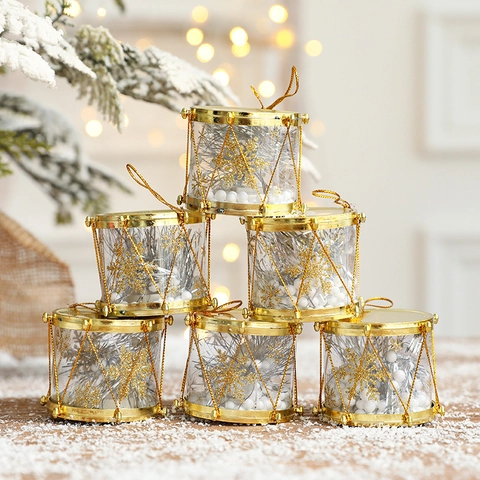 Christmas Tree Mini Drum Hanging Ornaments Plastic Metallic Glitter Festive Holiday Party Home Decor