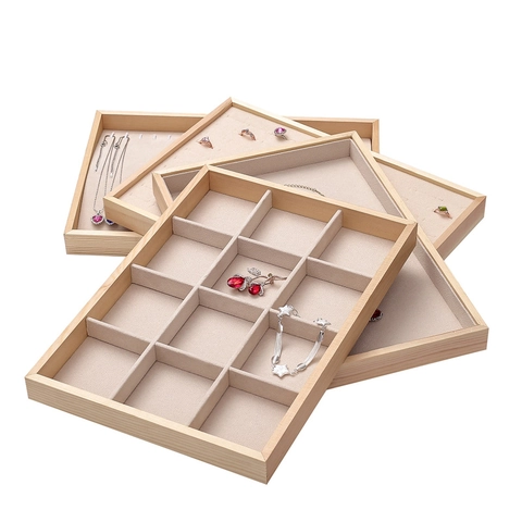Jewelry Display Tray Wooden Velvet Lining Organizer For Ring Necklace Earring Storage Showcase Rectangular