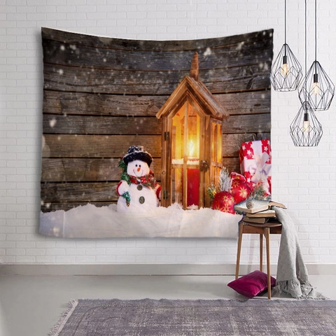 Arazzo Da Parete Natale Poliestere Inverno Pupazzo Di Neve Babbo Natale Notte Stellata Decorazione Camera Sfondo Festivo