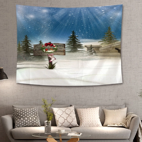 Arazzo Da Parete Natale Poliestere Inverno Pupazzo Di Neve Babbo Natale Notte Stellata Decorazione Camera Sfondo Festivo