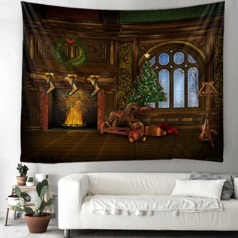 Tapiz De Pared De Navidad Poliéster Chimenea Muñeco De Nieve Decoración Festiva Fondo Para Habitación