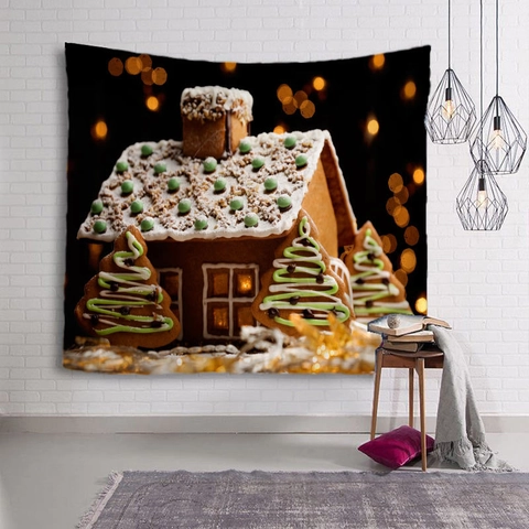 Tapiz De Navidad Poliéster Nieve De Invierno Casa De Jengibre Colgante De Pared Dormitorio Decoración Festiva