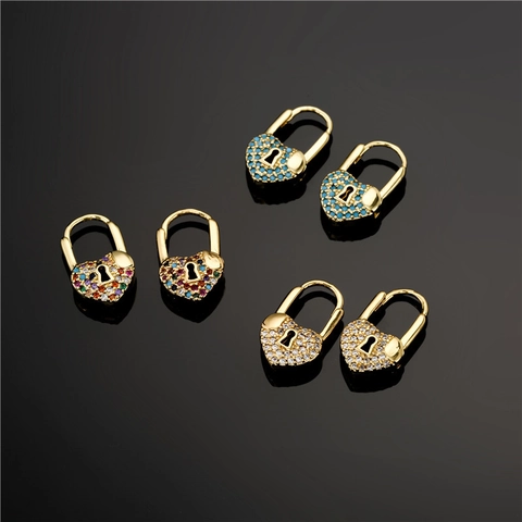 Heart Lock Hoop Earrings Brass Gold Plated Micro Pave Colorful Zircon Sparkling Keyhole Style Jewelry For Women