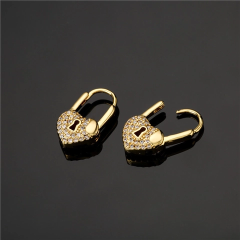 Heart Lock Hoop Earrings Brass Gold Plated Micro Pave Colorful Zircon Sparkling Keyhole Style Jewelry For Women