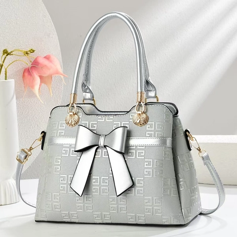 Women PU Leather Handbag Elegant Bow Decor Geometric Embossed Shoulder Bag Crossbody Large Capacity Fashion Lady