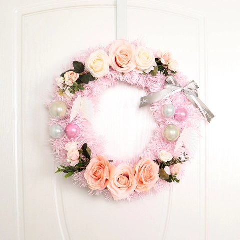 Romantischer Rosa Rosenkranz Künstliche Blumen Satin Hängende Dekoration Mit Band Für Weihnachten Hochzeit Haustür Heimdekor