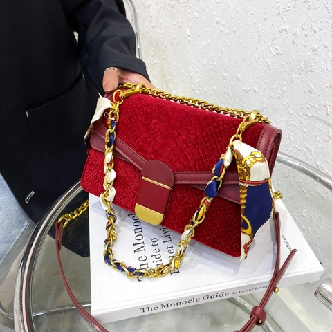 Bolso De Hombro Mujer Piel De Serpiente Cuero PU Terciopelo Cadena Dorada Pañuelo De Satén Hebilla Cuadrada Elegante