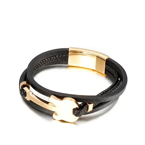 Bracciale Multistrato In Pelle Intrecciata Da Uomo Con Pendente Chitarra In Acciaio Inossidabile Chiusura Magnetica Punk