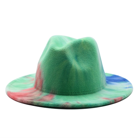 Tie Dye Colorful Fedora Hat Woolen Felt Wide Brim Flat Brim Jazz Cap Fashion Gradient Style Unisex Accessory