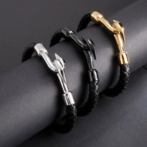 Pulsera De Cuero Trenzado Para Hombre Acero Inoxidable Cierre De Gancho Geométrico Joyería Punk De Moda
