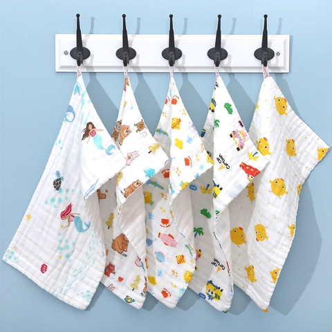 Baby Muslin Washcloths Multi Layer Pure Cotton Soft Absorbent Cartoon Printed Face Towel For Newborns Infants