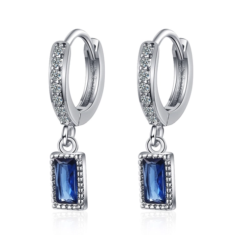 Sweet Korean Style Copper Zirconia Rectangle Pendant Hoop Earrings Silver Plated Blue Stone Drop Earrings For Women Jewelry