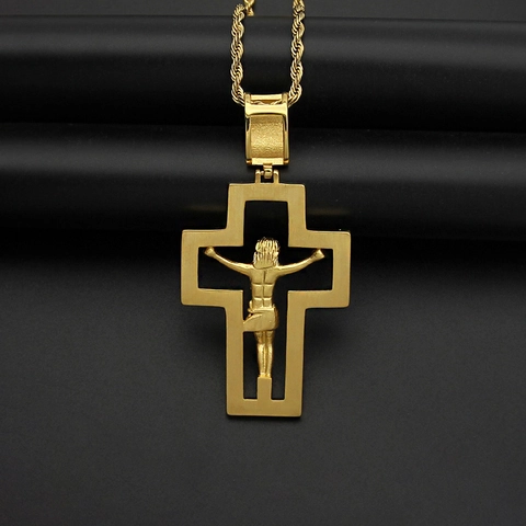 Ciondolo Croce di Gesù Religioso in Acciaio Inossidabile 316 Placcato Oro Strass Crocifisso Solo Ciondolo Senza Catena Per Uomo Donna