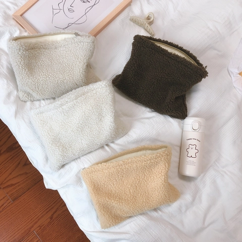 Bolso De Mano De Felpa Sherpa Gran Capacidad Neceser De Cosméticos Vintage Color Sólido Suave Cremallera Minimalista Para Mujer