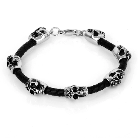 Pulsera De Cuerda De Cuero Trenzado De Calavera Punk Gótica Para Hombre Acero Inoxidable Rosa Tallada Joyería Esqueleto