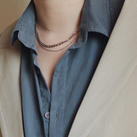 Double Layer Figaro Chain Necklace For Women 316L Stainless Steel Minimalist French Retro Gold Silver Plated Stackable Link Chain Jewelry Gift