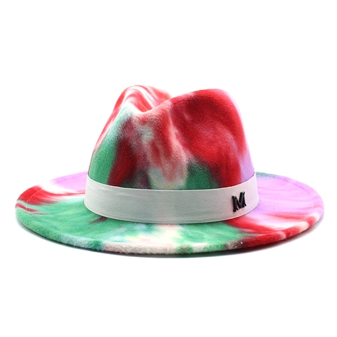 Tie Dye Fedora Hat Colorful Wide Brim Jazz Hat With Ribbon Band And Metal M Buckle Decoration For Men Women