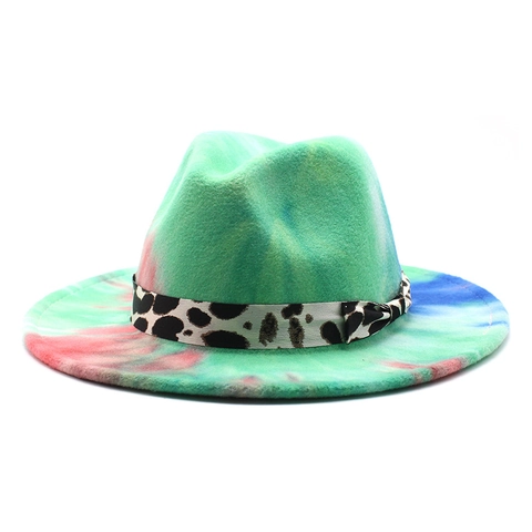 Cappello Fedora Tie Dye Feltro Colorato Tesa Larga Jazz Con Nastro Leopardato Per Uomo Donna Stile Vintage
