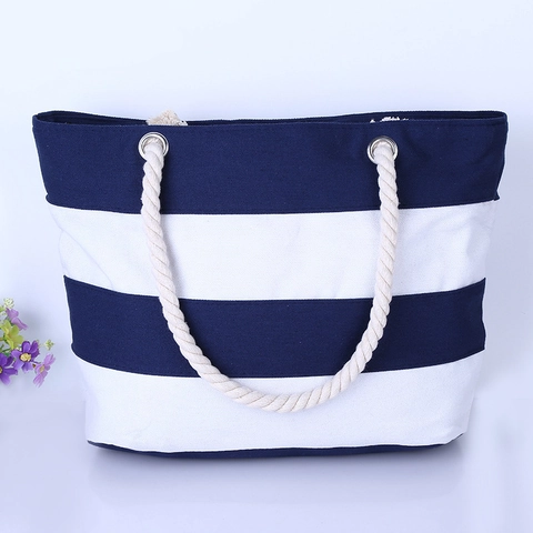 Striped Canvas Tote Bag With Rope Handles Fashion Large Capacity Beach Shoulder Bag For Women