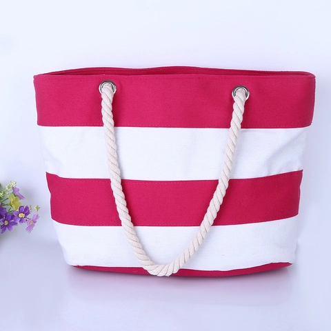 Striped Canvas Tote Bag With Rope Handles Fashion Large Capacity Beach Shoulder Bag For Women