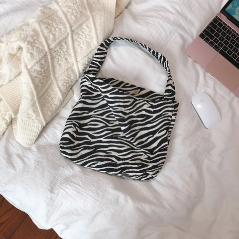 Sac À Épaule Rétro Imprimé Léopard Toile Coton Rayures Zèbre Sac Sous L'aisselle Avec Boucle Magnétique Poche Intérieure