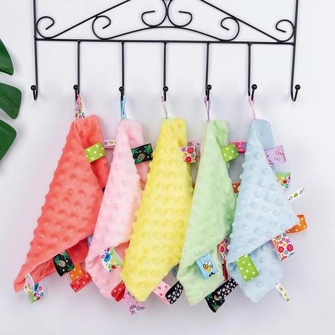 Baby Security Blanket Soft Minky Dotted Soothing Towel With Colorful Ribbon Tags Sensory Toys For Newborns Infants