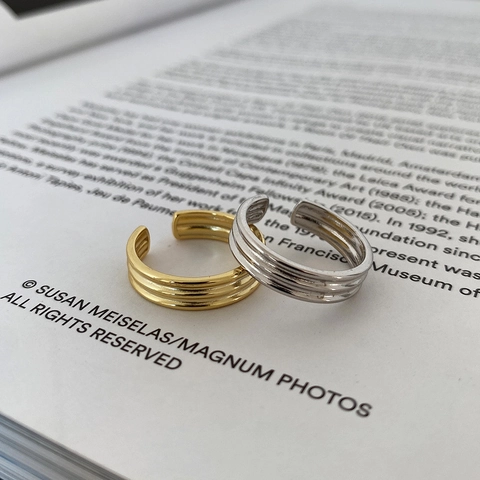 925 Sterling Silver Adjustable Ring Triple Layer Grooved Minimalist Parallel Line Jewelry For Women Men