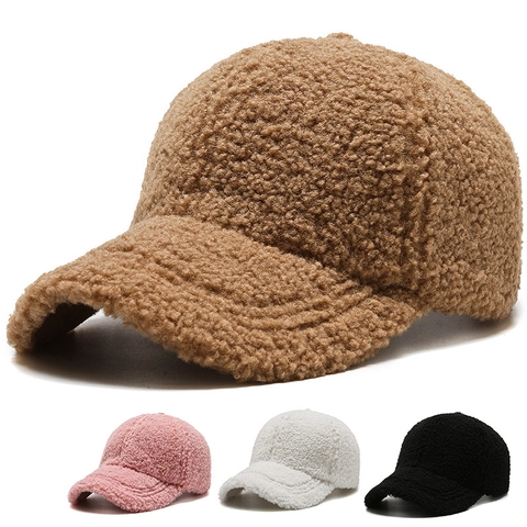 Women Lamb Wool Baseball Cap Thickened Teddy Velvet Warm Winter Peaked Hat Solid Color Adjustable Casual
