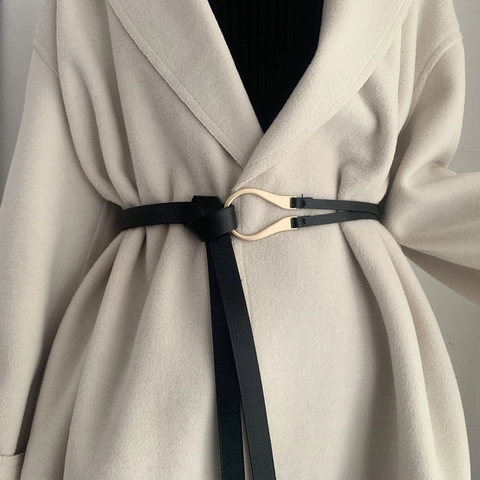 Women PU Leather Thin Belt With Golden Horseshoe Alloy Buckle Fashionable Knot Waist Strap Accessory
